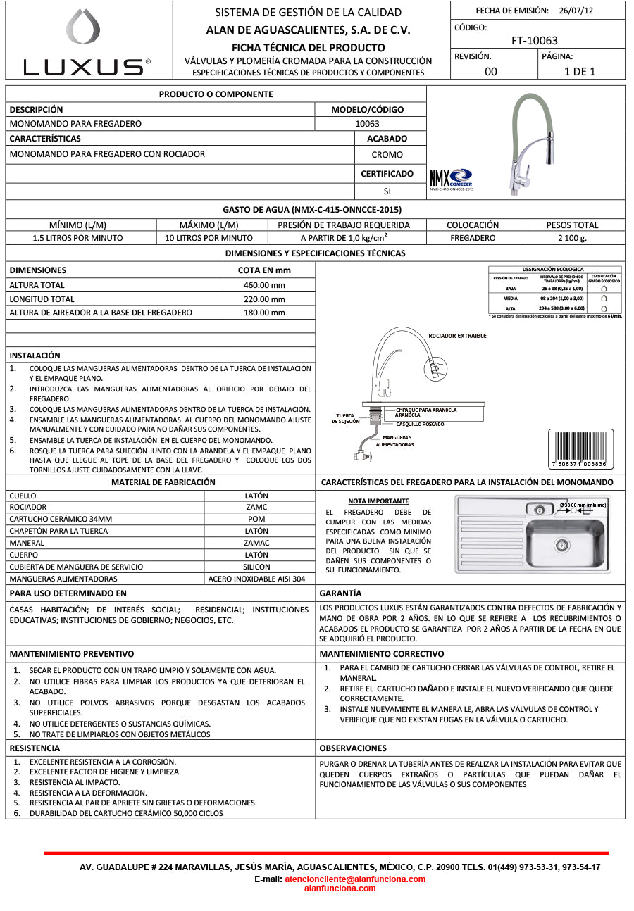 Llave Monomando ALAN 10063