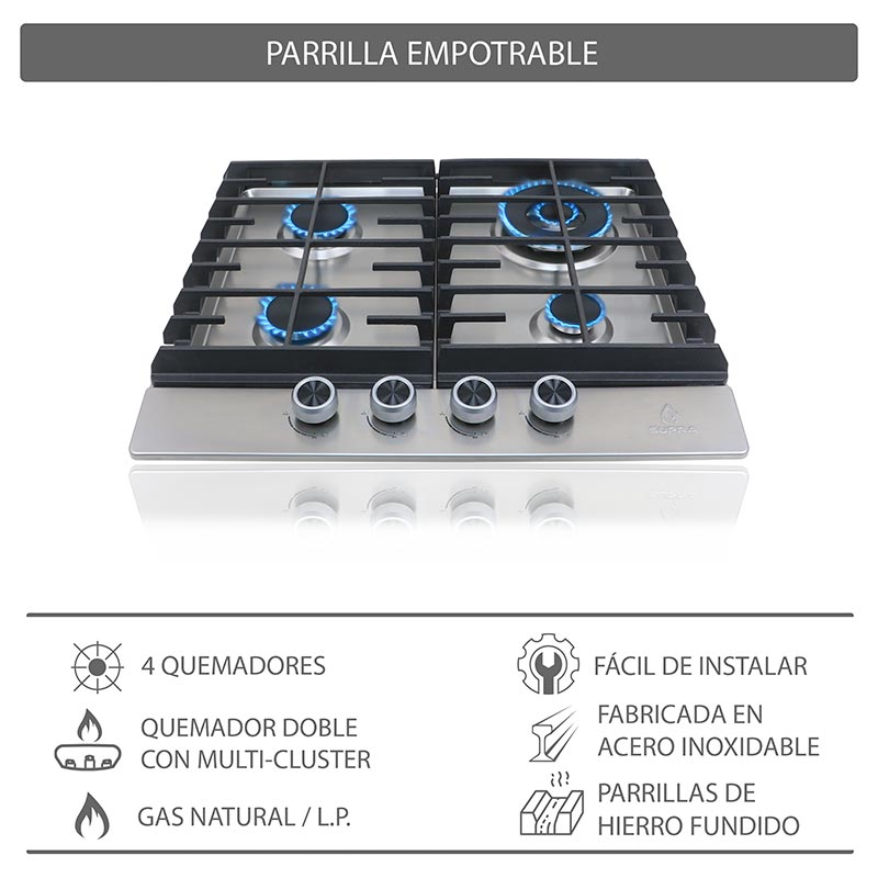 Parrilla de gas IMPERIA empotrable con 4 quemadores de acero inoxidable