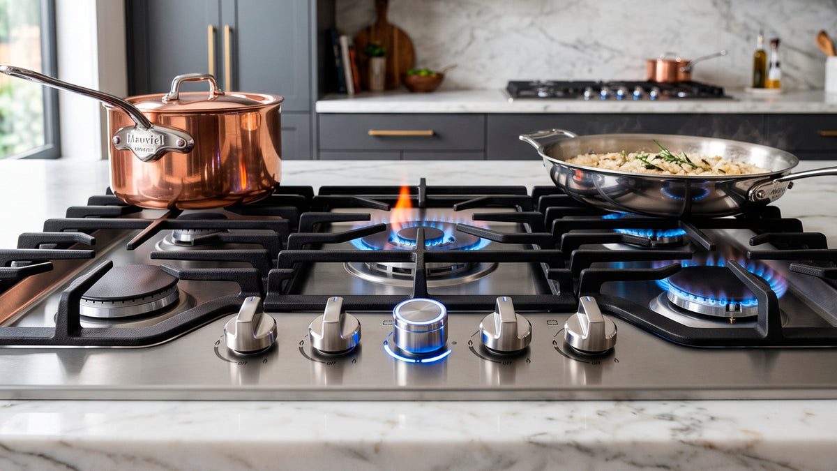 Cocina con parrillas de acero inoxidable y alta potencia.