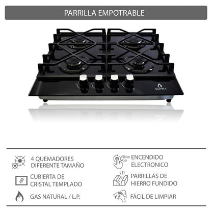 Parrilla a gas empotrable SUPRA 4Q TG 60 Negra