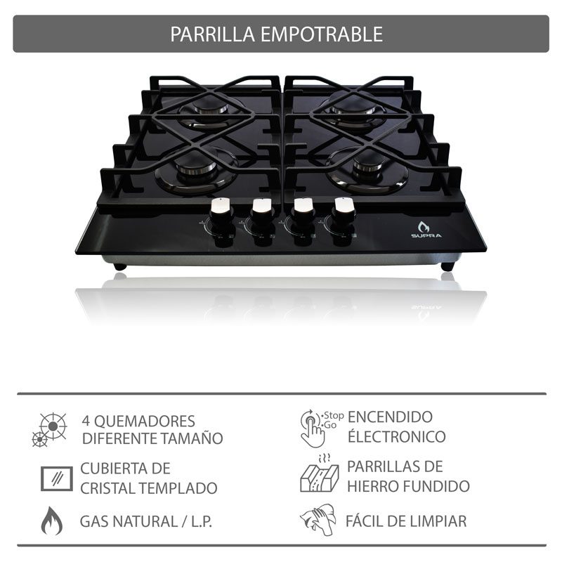 Parrilla a gas empotrable SUPRA 4Q TG 60 Negra - Cubimas