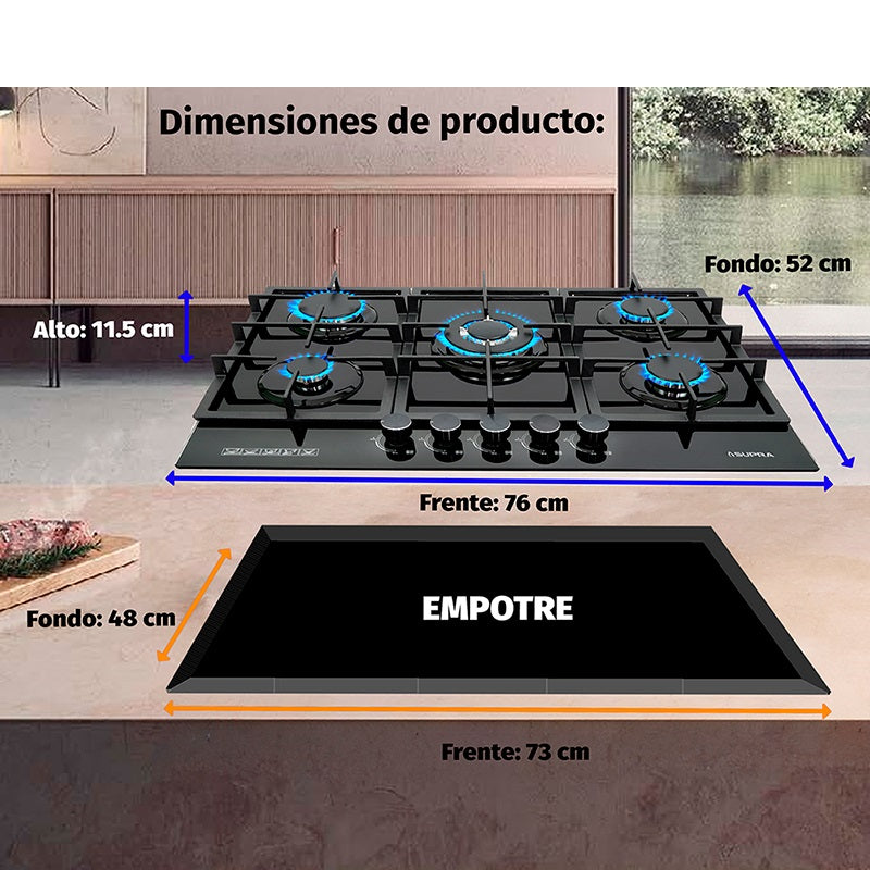 Parrilla de gas empotrable 5Q-PG-76  con 5 quemadores de cristal templado negro.