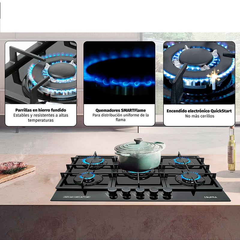 Parrilla de gas empotrable 5Q-PG-76  con 5 quemadores de cristal templado negro.