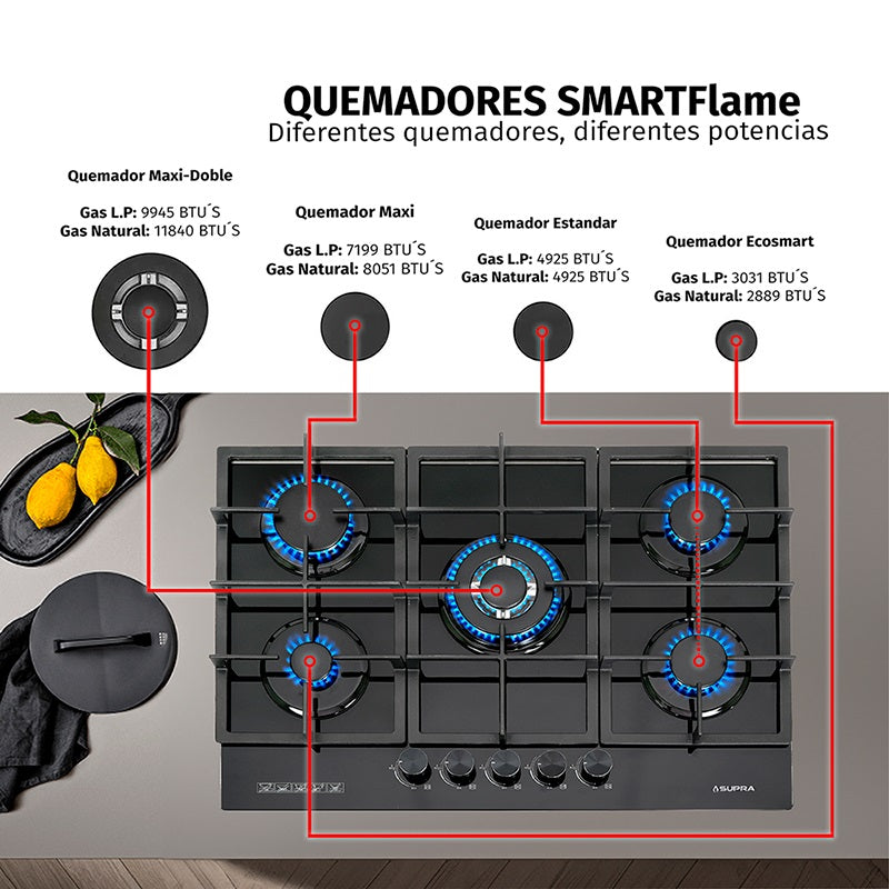 Parrilla de gas empotrable 5Q-PG-76  con 5 quemadores de cristal templado negro.