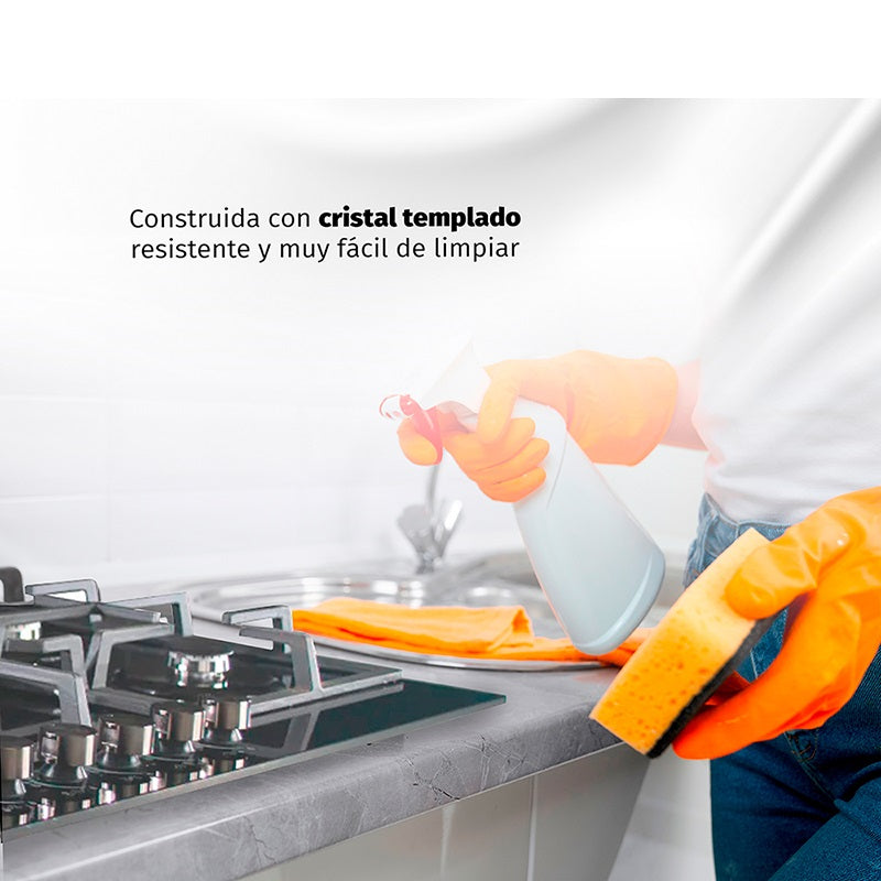 Parrilla de gas empotrable 5Q-PG-76  con 5 quemadores de cristal templado negro.