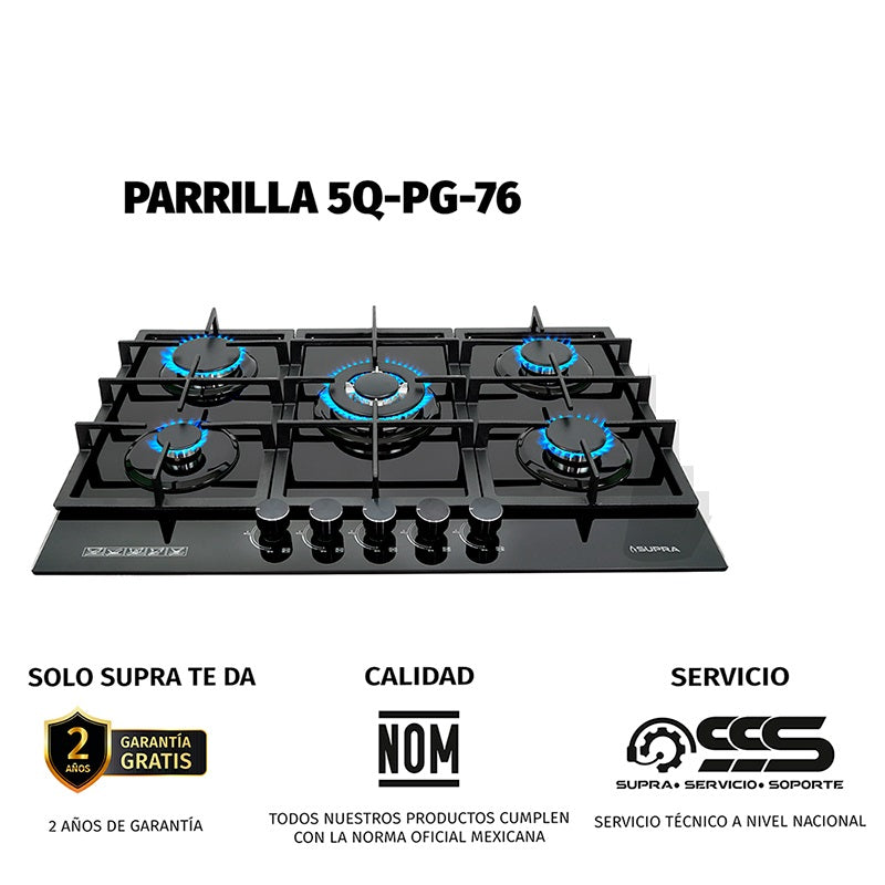 Parrilla de gas empotrable 5Q-PG-76  con 5 quemadores de cristal templado negro.
