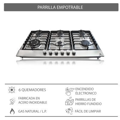 Parrilla de gas DIAMOND STEEL empotrable de 6 quemadores de acero inoxidable - Cubimas
