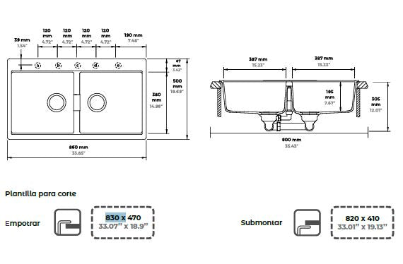 Tarja de submontar/empotrar SCHOCK HORIZONT N200 Polaris Cuarzo