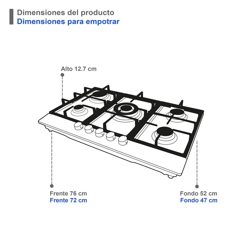 Parrilla a gas empotrable SUPRA 5Q PS 76 de 5 quemadores