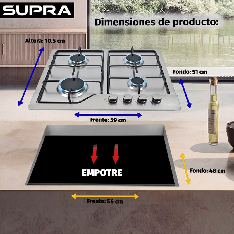 Parrilla de gas SUPRA NOVA STEEL 60 empotrable de 4 quemadores de acero inoxidable