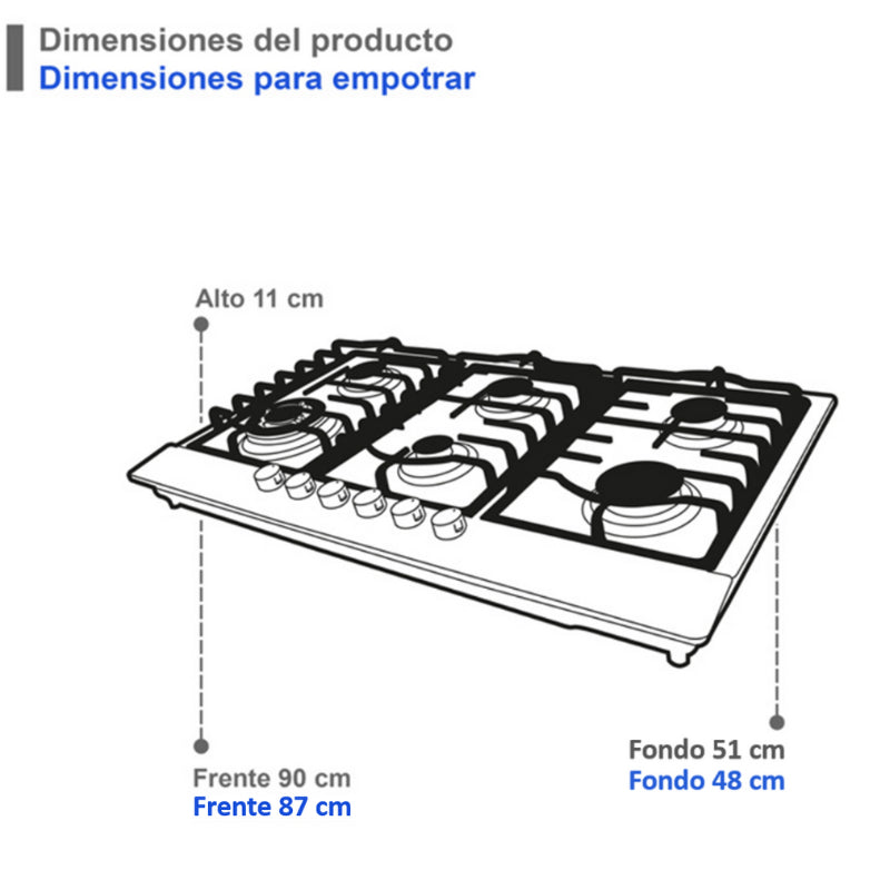 Parrilla de gas DIAMOND STEEL empotrable de 6 quemadores de acero inoxidable - Cubimas